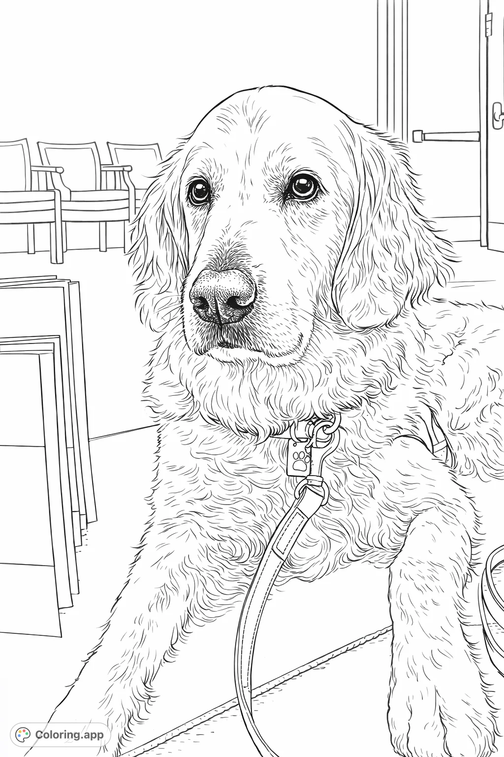 A heartwarming Golden Retriever lies patiently beside a stack of books, exuding a gentle and loyal presence. Perfect for animal lovers of all ages!