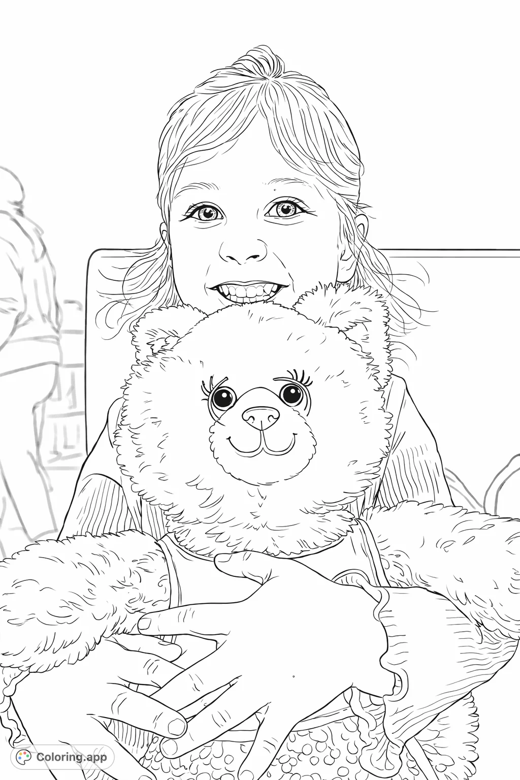 Capture pure joy with a cheerful child hugging her beloved fluffy stuffed animal, adorned with unique textures and details. Perfect for imaginative coloring.