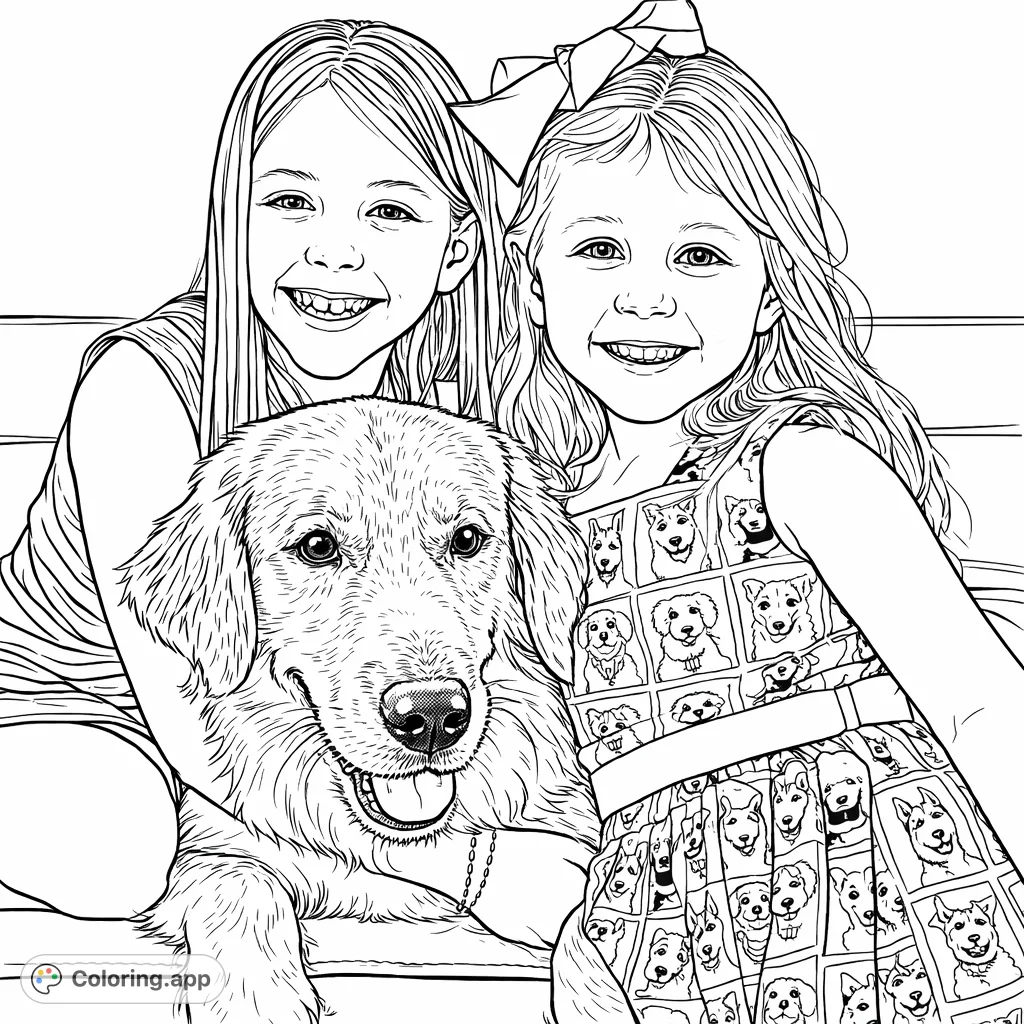 A heartwarming coloring page featuring two smiling girls embracing their friendly golden retriever. Perfect for dog lovers and family fun.