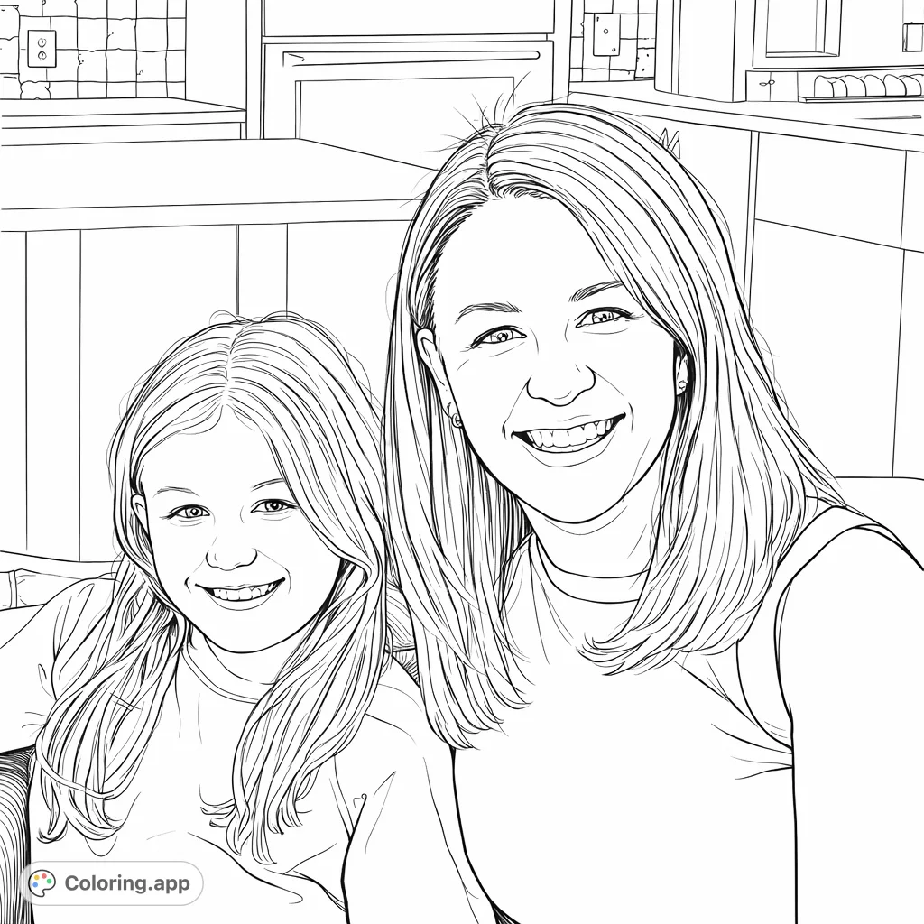 A heartwarming portrait of a smiling woman and child, celebrating family connection. Perfect for a personalized mother and daughter coloring page.