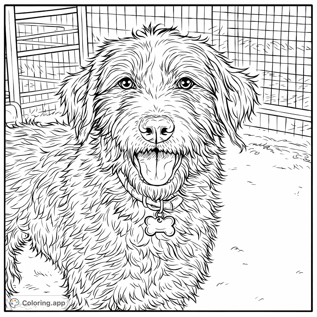 A delightful coloring page featuring a happy, shaggy dog with a playful expression and a bone-shaped tag, ready for your creative touch!