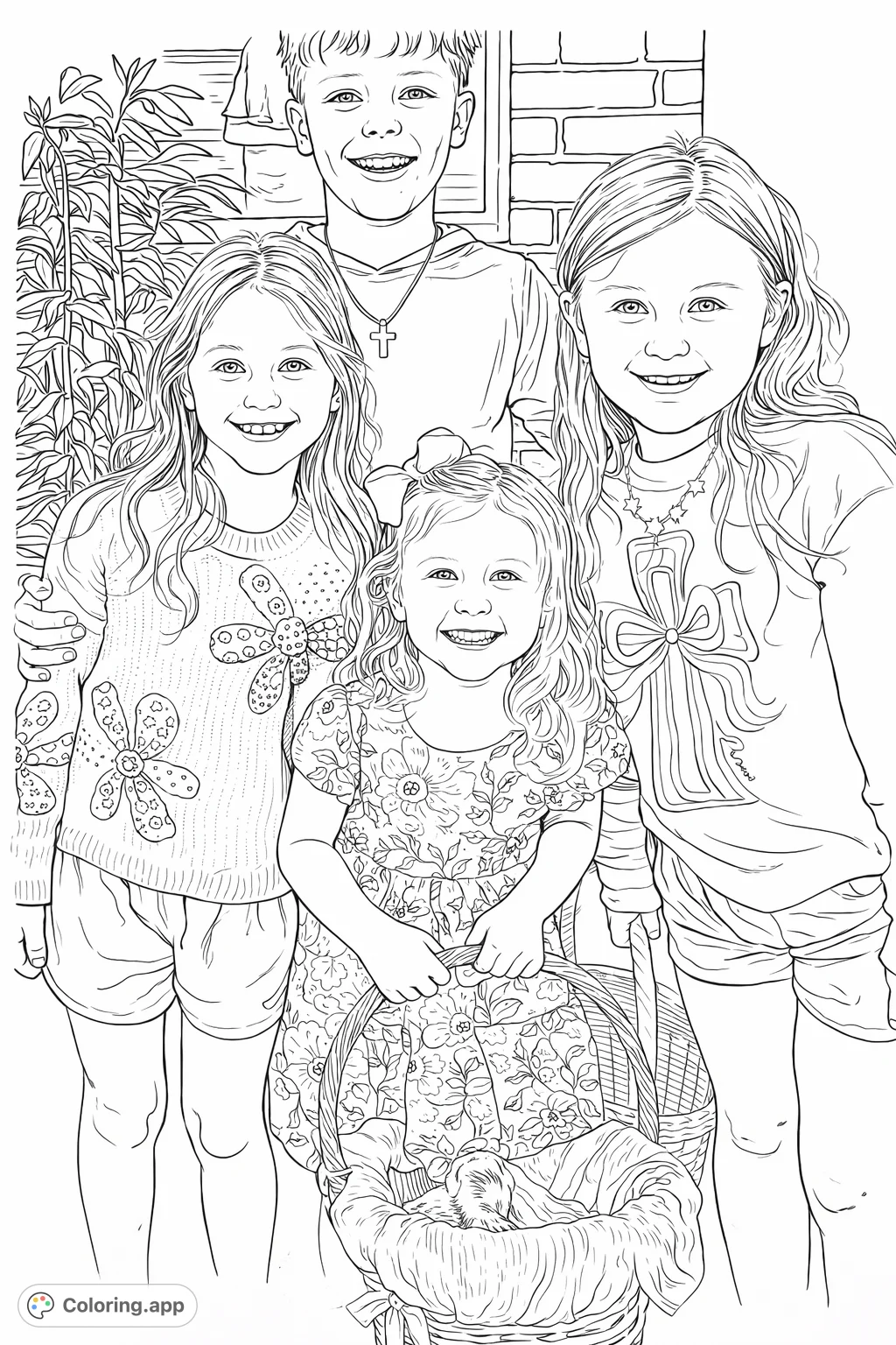 Capture a heartwarming moment with four smiling children and their festive baskets. This cheerful coloring page is perfect for family and friends.