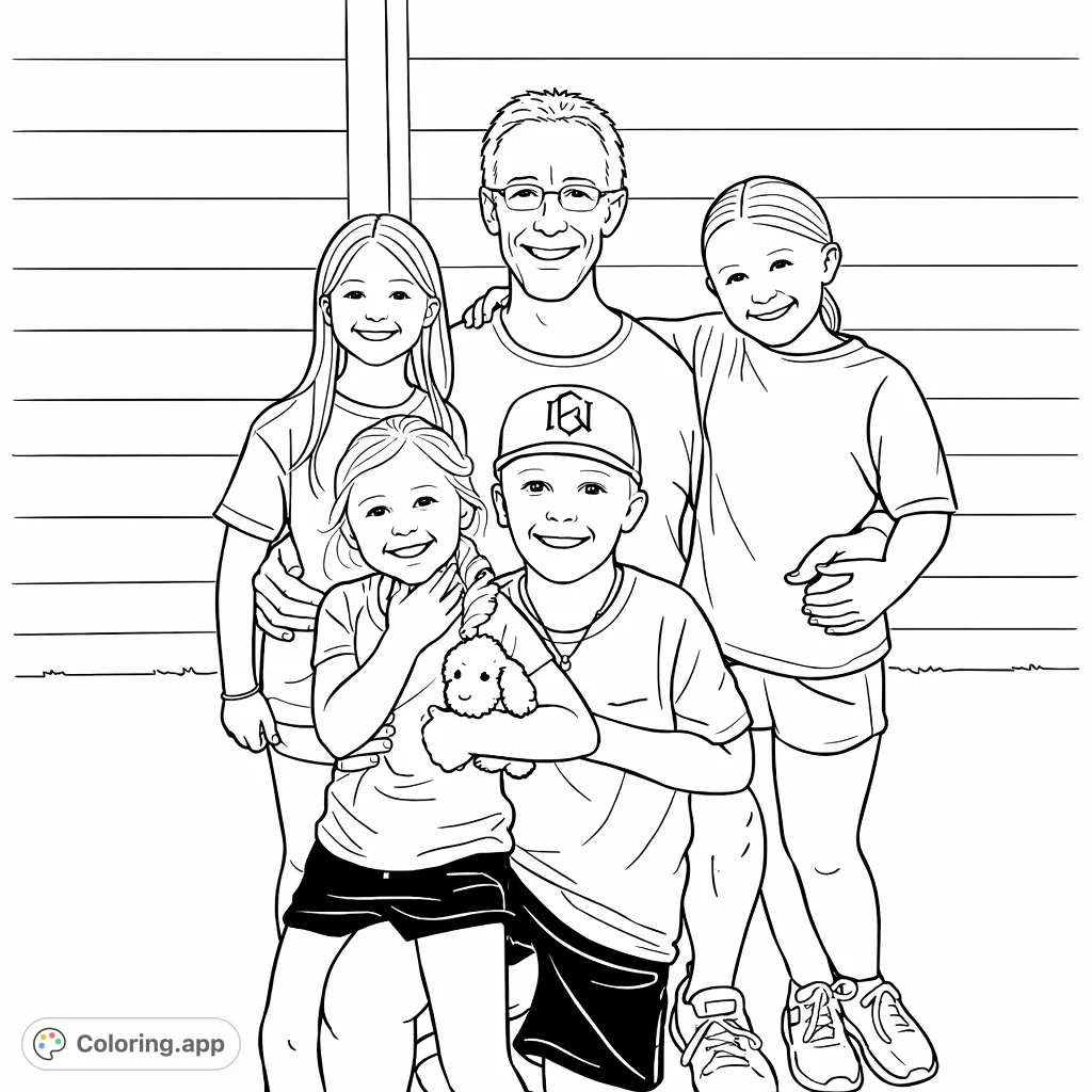 Capture the warmth of a family group portrait with five smiling individuals against a fence. A joyful scene perfect for all ages.