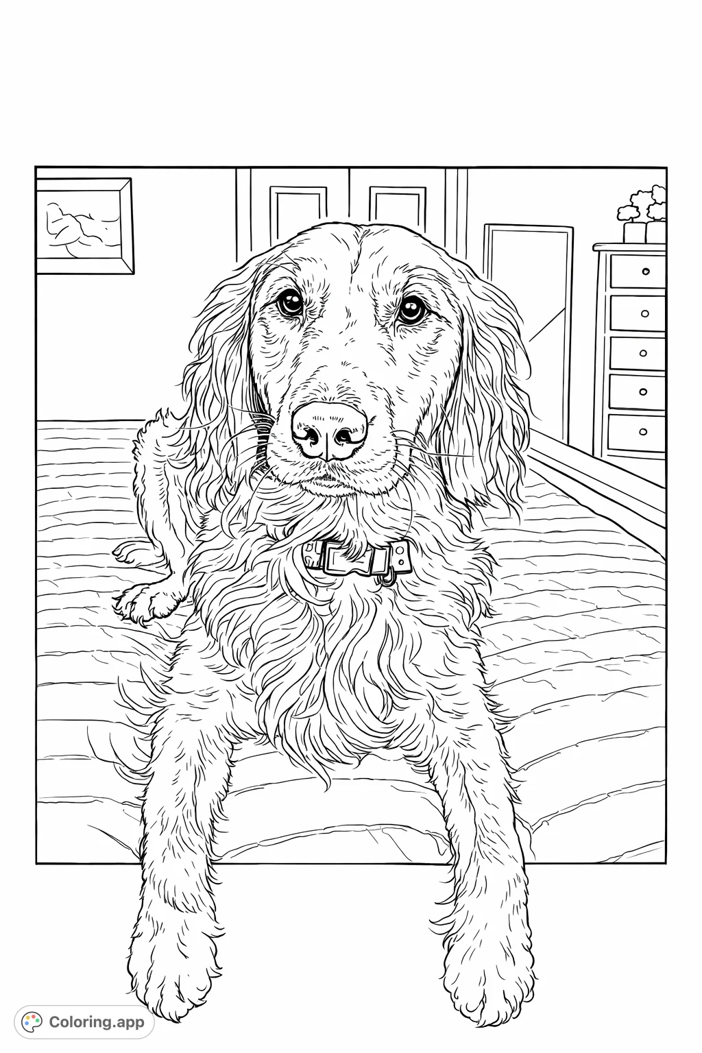 A charming dog with a gentle gaze, resting peacefully on a cozy quilted bed. Perfect for dog lovers to personalize with their favorite hues.