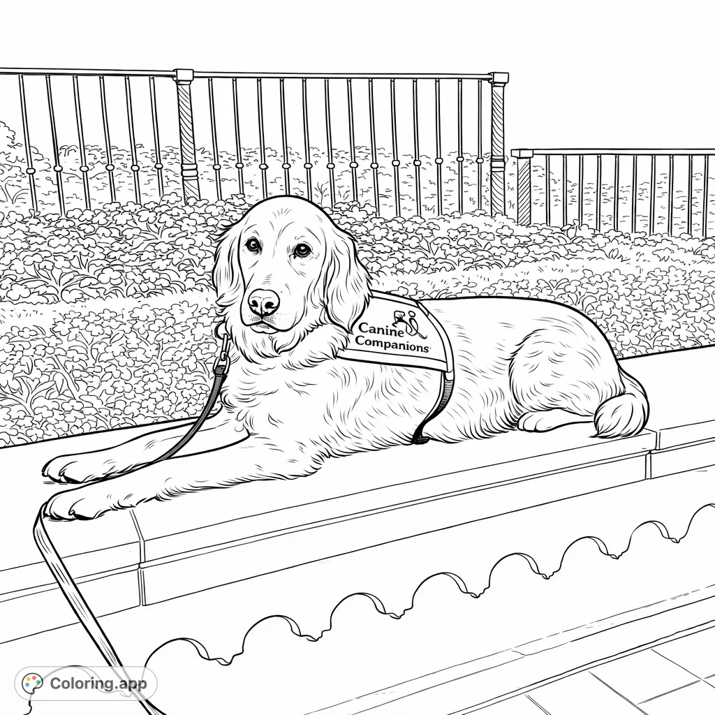 A gentle golden retriever wearing a companion vest rests peacefully on a stone ledge amidst a lush garden. A heartwarming scene perfect for relaxation.