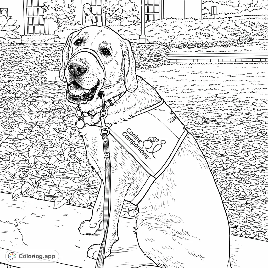 A heartwarming service dog coloring page, featuring a friendly Labrador patiently sitting amidst a beautiful garden with flowering plants and lush foliage.
