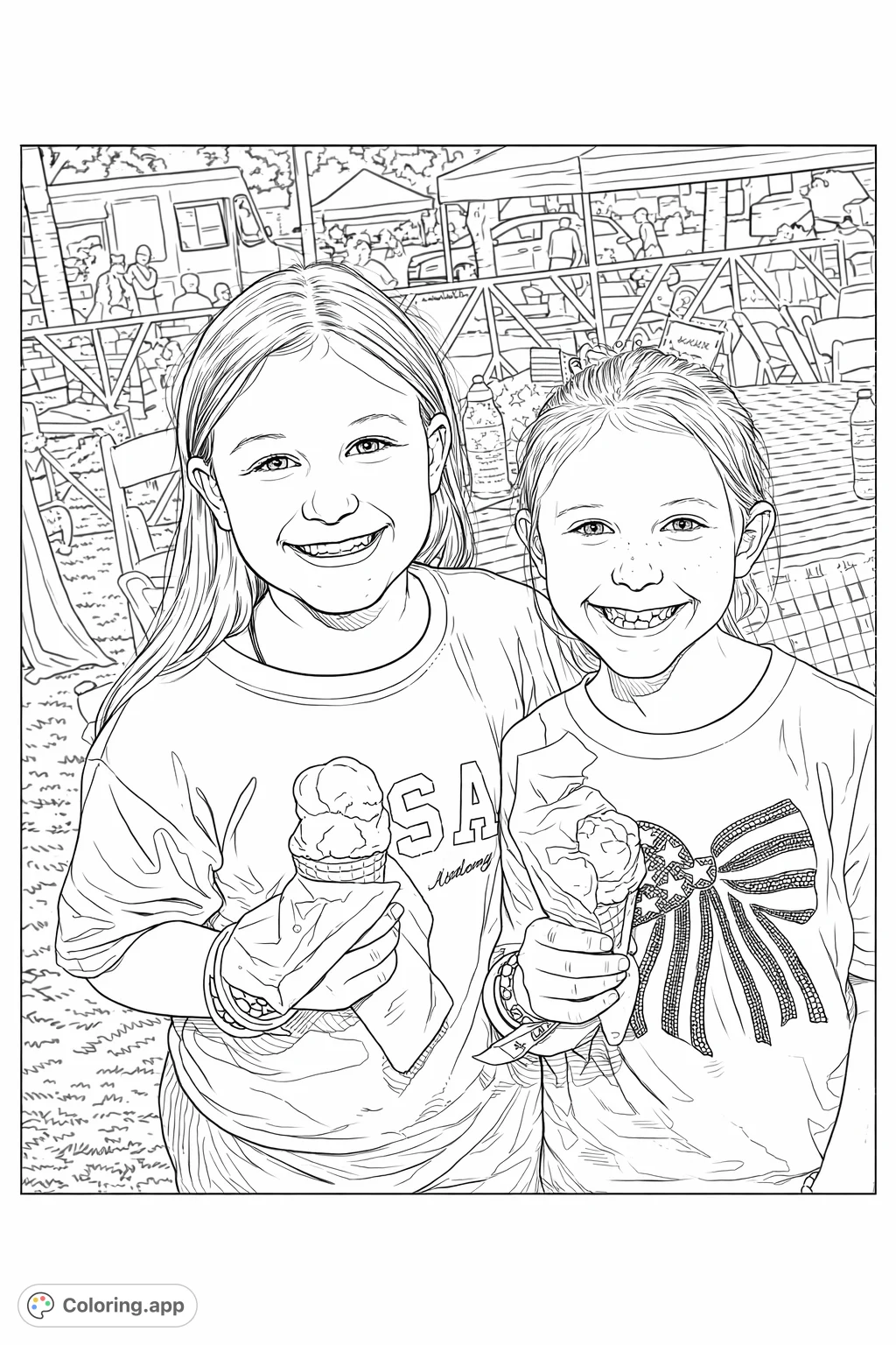 Two happy girls enjoy ice cream at an outdoor event, featuring detailed outfits and a festive background. Perfect for a joyful coloring experience.