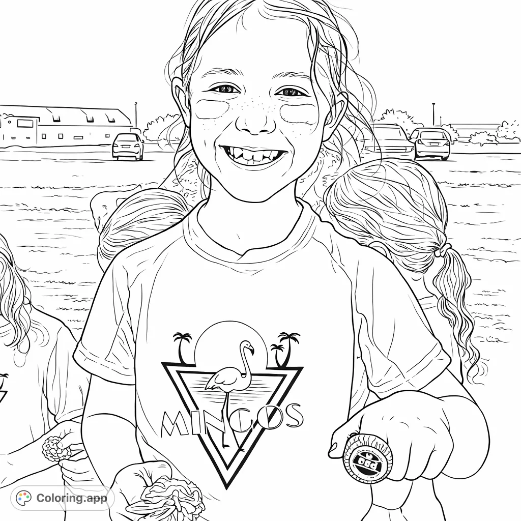 A cheerful young girl with cheek markings and a big smile proudly displays her championship ring. Her shirt features a tropical bird design, set against a sunny outdoor backdrop.