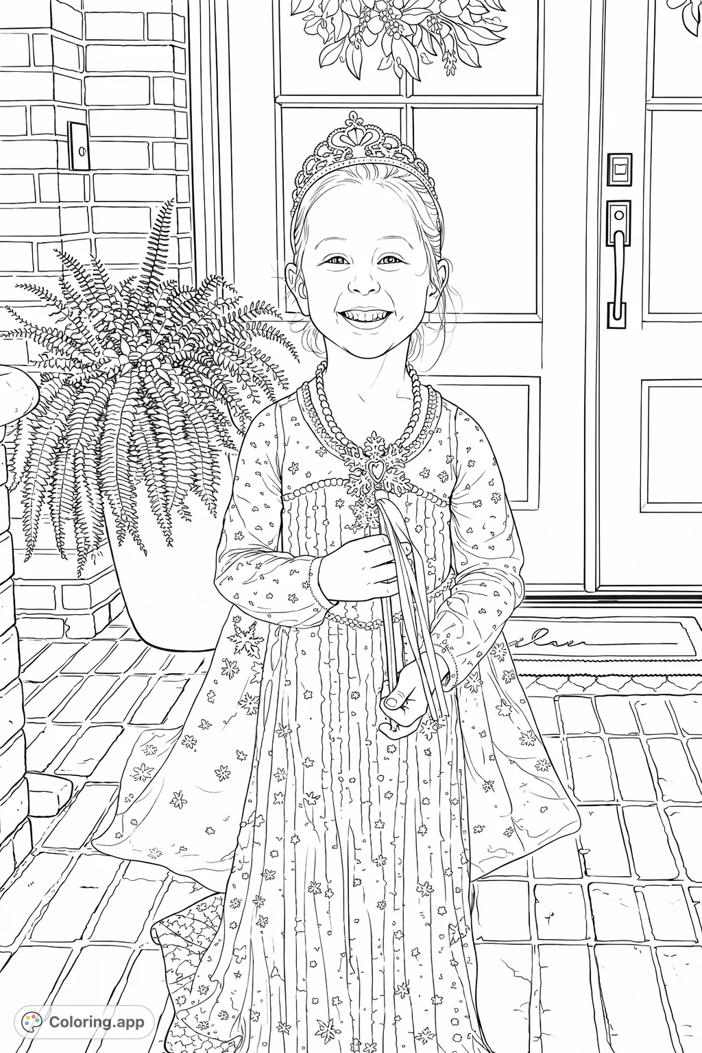 Delightful princess coloring page featuring a smiling girl in a sequined gown with a tiara and wand. A magical scene ready for your creative touch.
