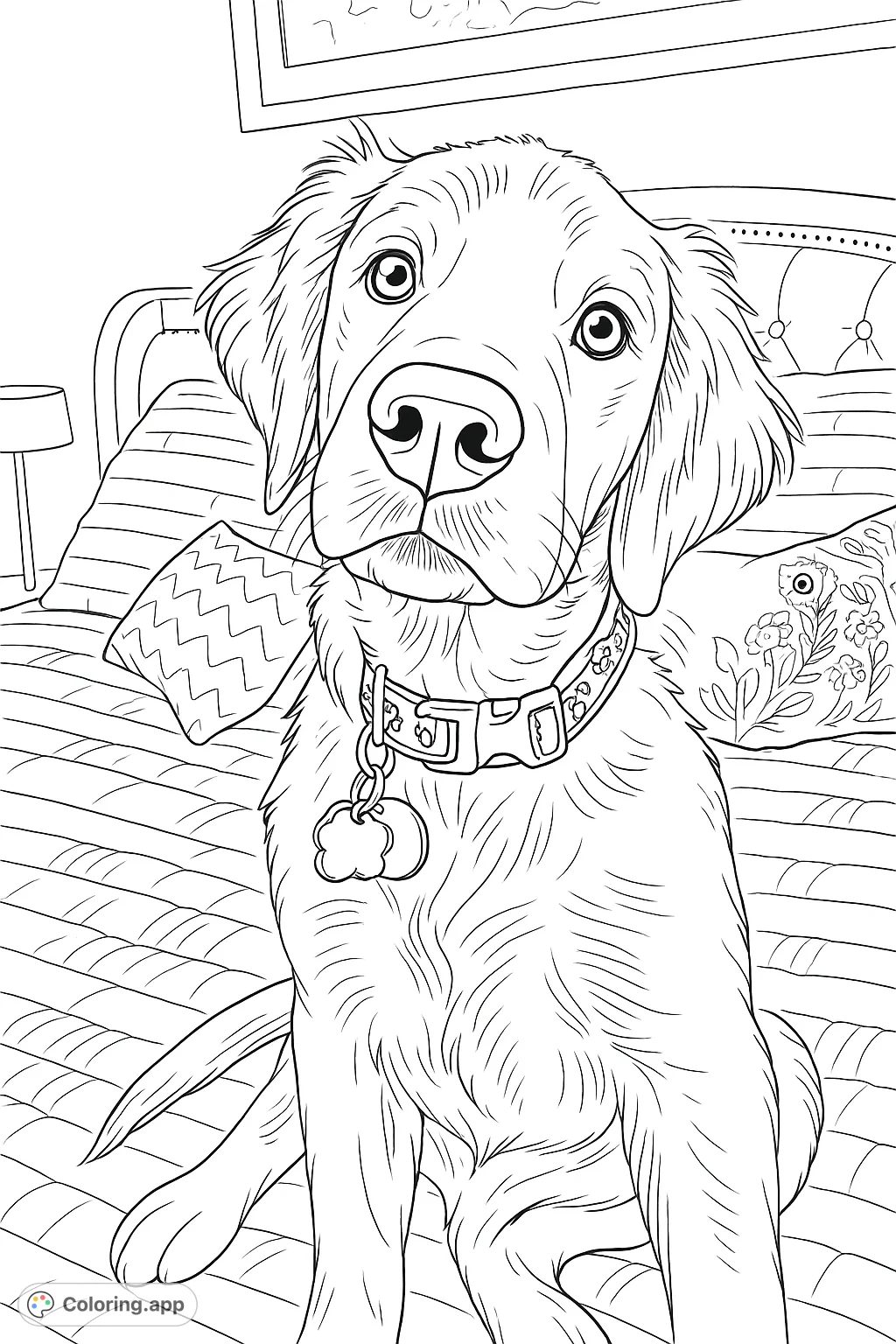 An adorable golden retriever puppy waits patiently for your creative touch. This charming dog coloring page is perfect for animal lovers.