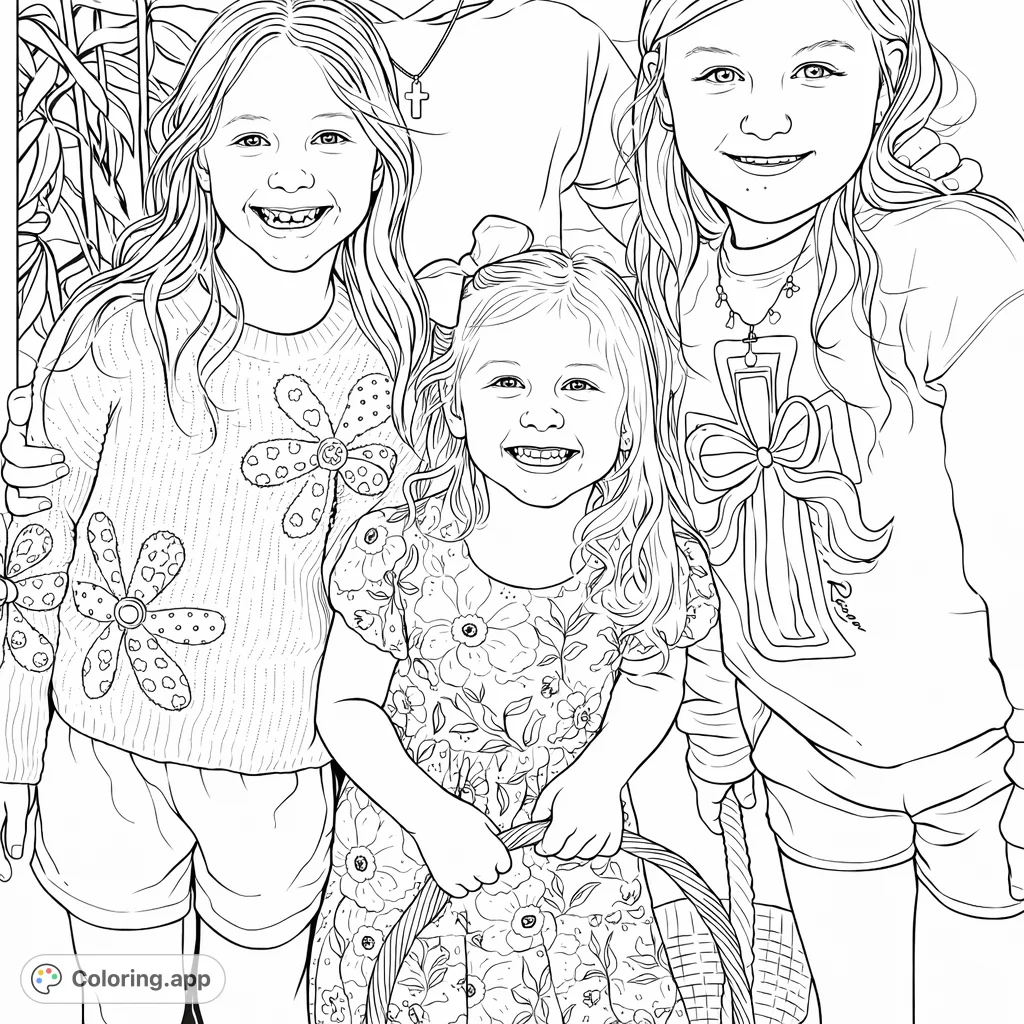 Capture the joy of childhood with three smiling girls, featuring unique clothing patterns, a festive basket, and a hopeful cross design.