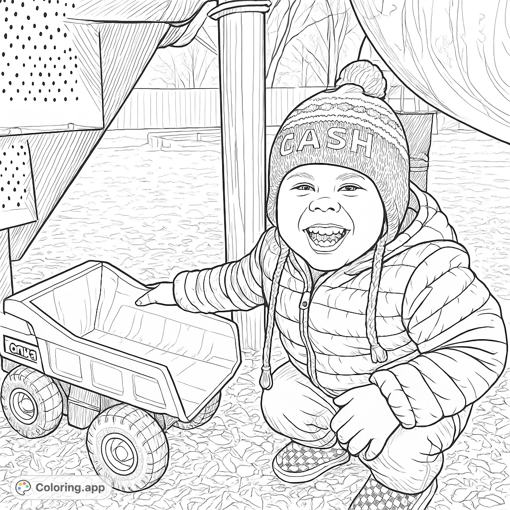 A joyful child grins next to a toy dump truck on a playground, surrounded by autumn leaves. Perfect for a child's first coloring adventures.