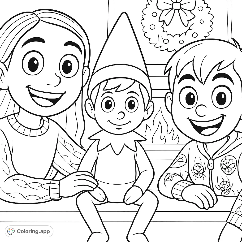 A heartwarming scene featuring two children and a cheerful elf by a fireplace, perfect for festive coloring fun. Explore cozy details!