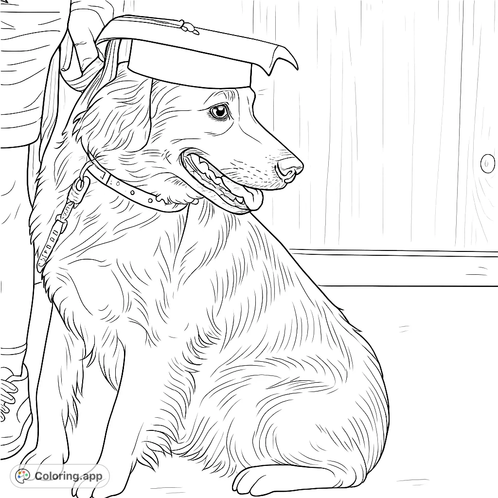 A charming dog sits proudly wearing a graduation cap and tassel, ready to celebrate success. This delightful animal coloring page is perfect for all ages.