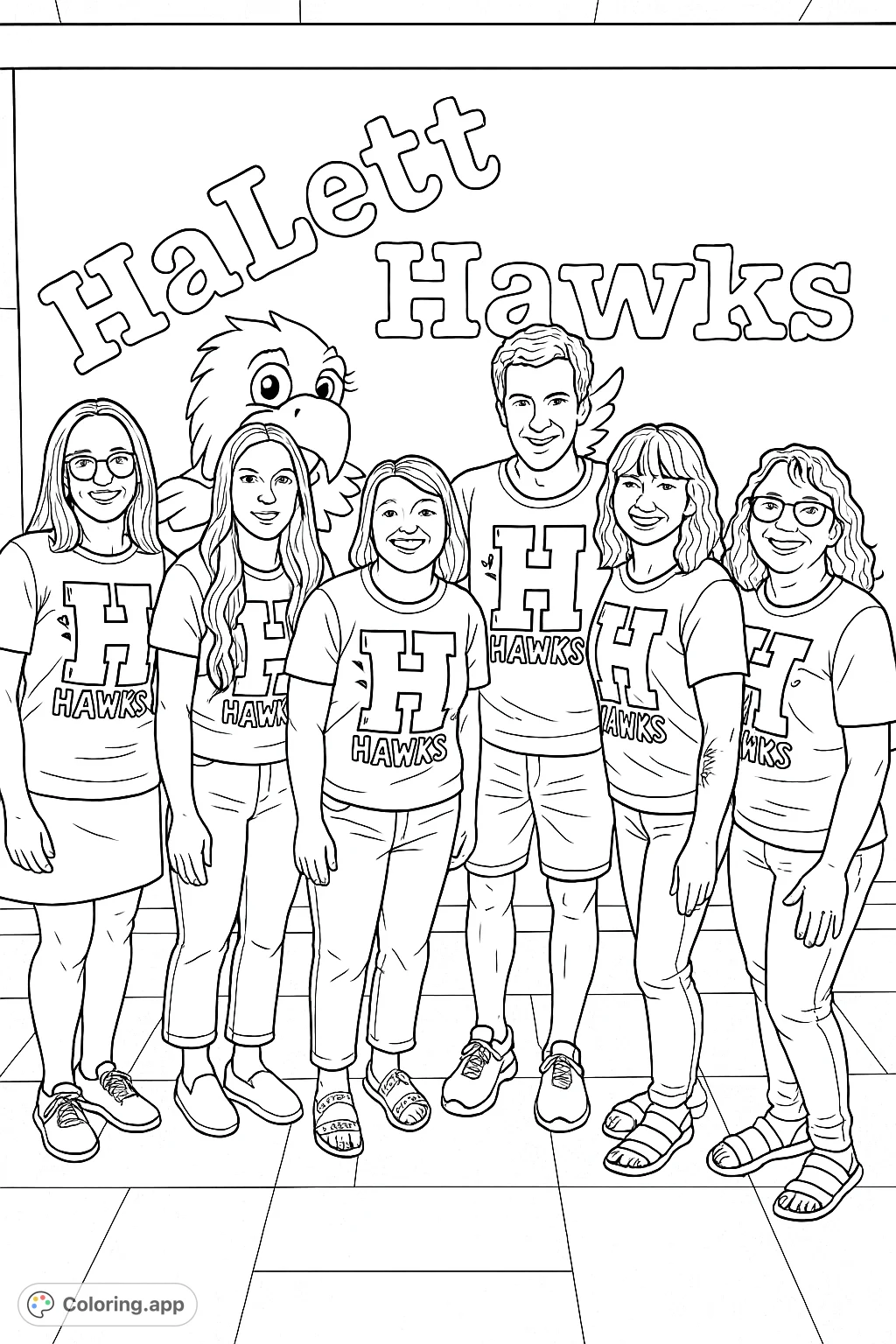 A group of six smiling individuals wearing matching shirts with a hawk mascot in the background. Perfect for school spirit and team celebrations.