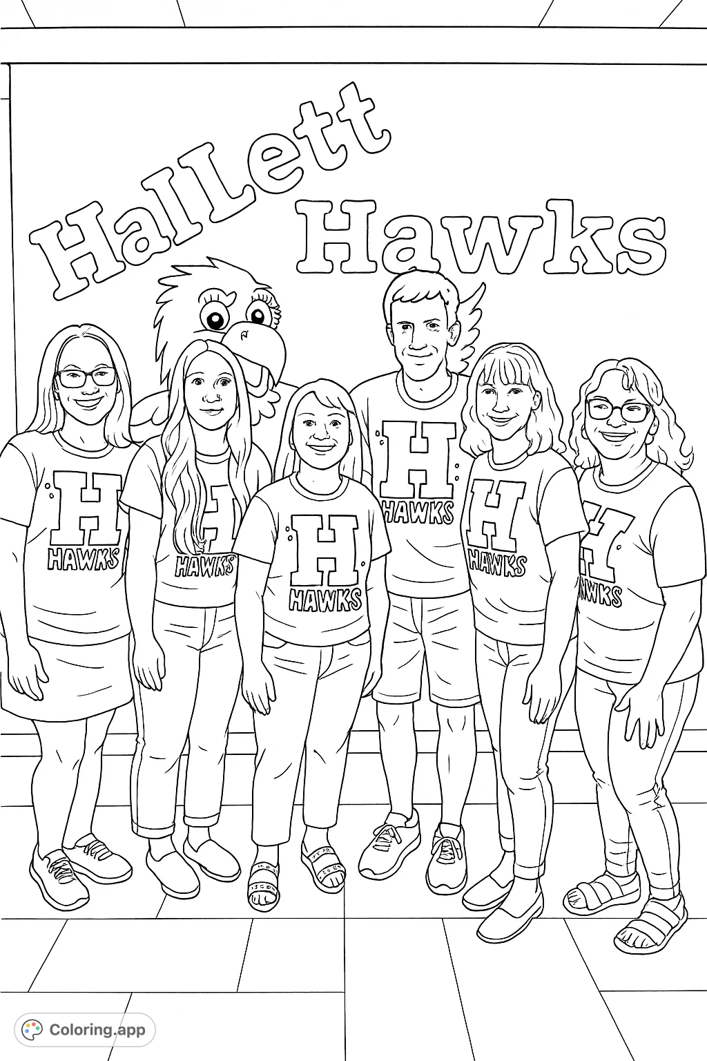 A cheerful group proudly displays their school spirit, standing before a large school mascot and name. Features a prominent 'H' logo and a cartoon hawk.