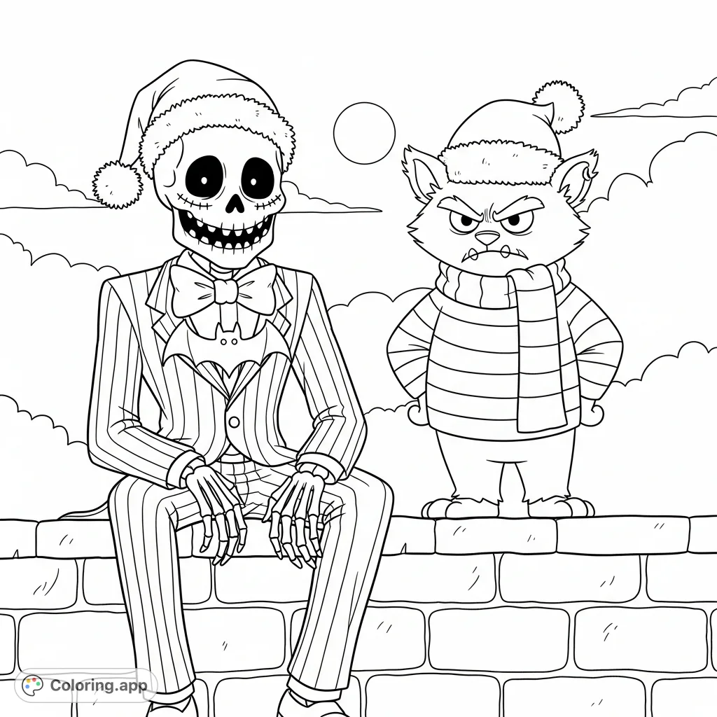 A whimsical coloring page featuring a grinning skeletal figure in a pinstripe suit and a mischievous furry creature with striped attire under a full moon.