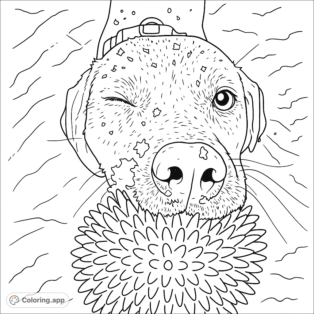A playful dog winks, holding a textured ball amidst a snowy scene. This charming dog coloring page is perfect for animal lovers of all ages.