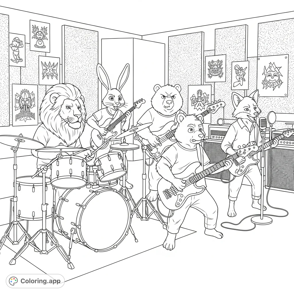 Unleash your creativity with this animal rock band coloring page! Four charismatic animals perform in a detailed studio, perfect for music lovers.