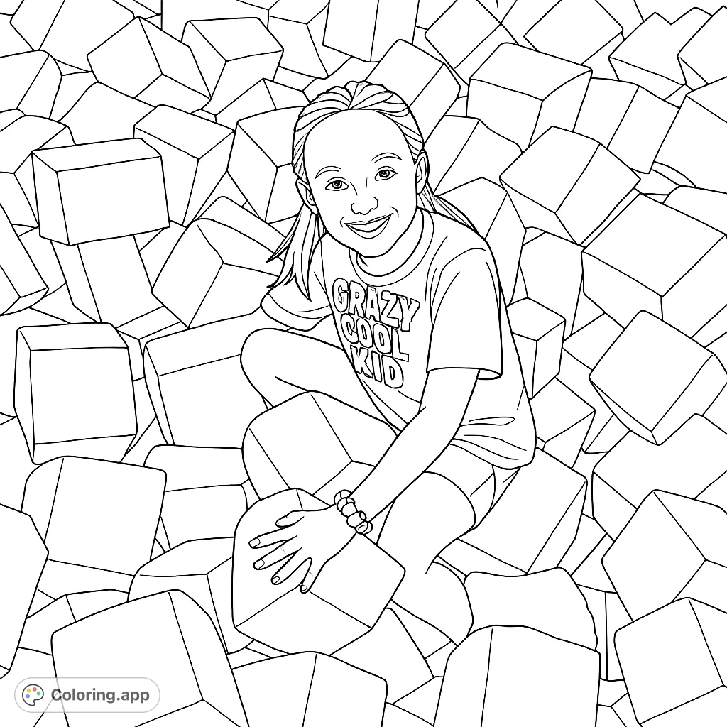 A joyful girl smiles while surrounded by a playful pit of soft, cube-shaped blocks, perfect for a fun and engaging coloring experience. Explore textures and shapes!