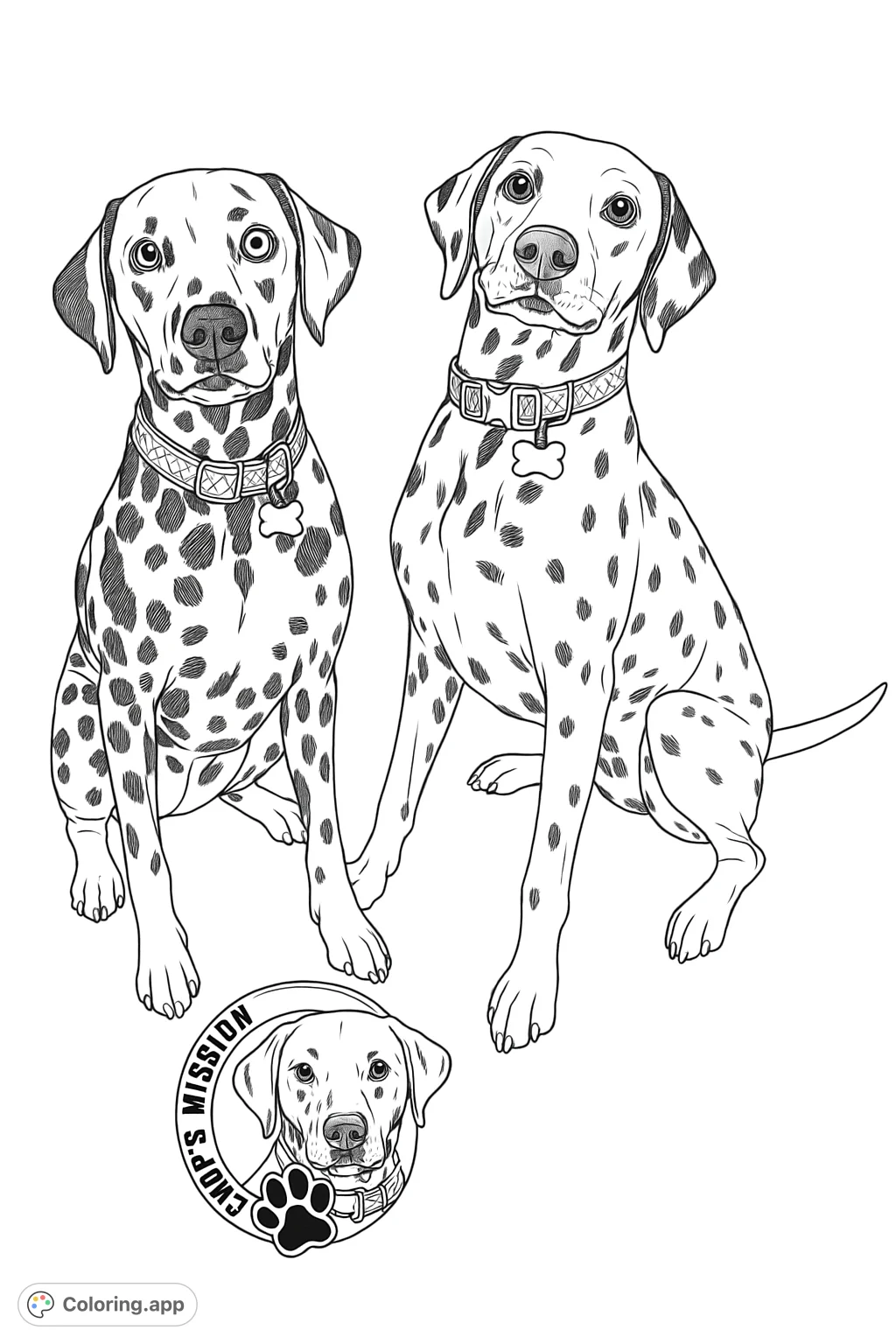 A highly detailed coloring page featuring two spotted domestic dogs with distinct patterns, collars, and bone tags, plus a unique circular emblem. Perfect for dog lovers!