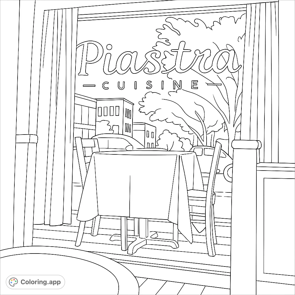 Step into a cozy restaurant scene with a detailed window view. Features a set table and a bustling street outside, perfect for a relaxing restaurant coloring page session.