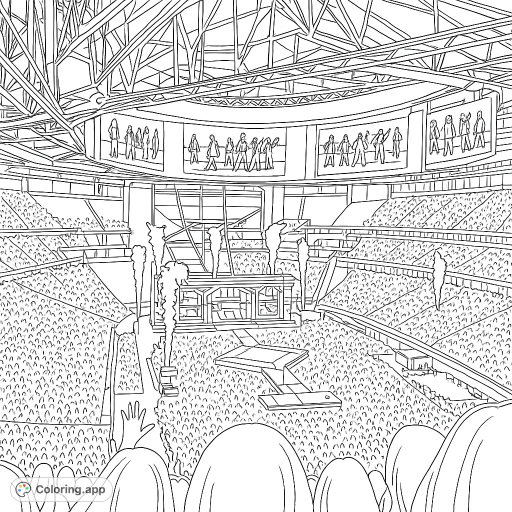 Experience the electrifying energy of a live stadium concert, featuring a grand stage, pyrotechnics, and a massive crowd, ready for your creative touch.