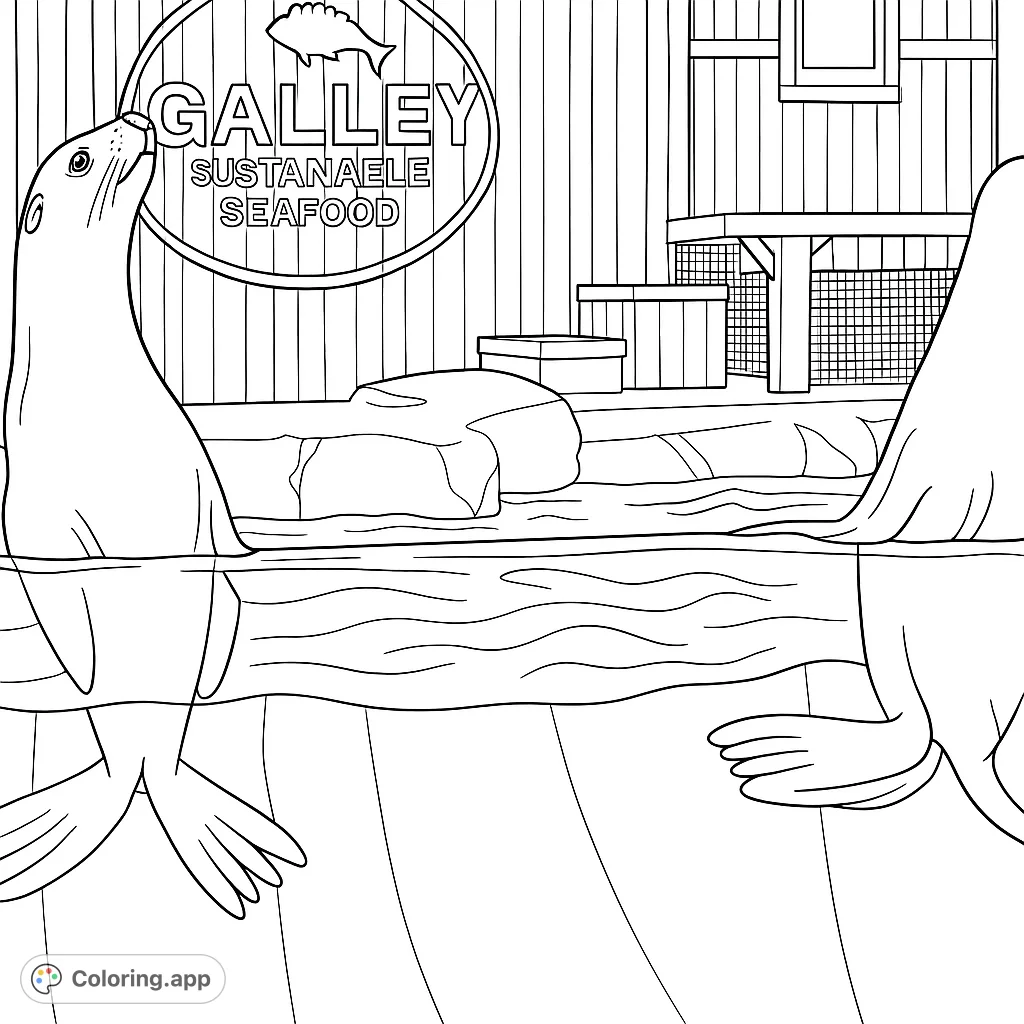Discover a captivating sea lion show! This intricate marine animal coloring page features two sea lions in an aquatic setting with detailed stage elements.