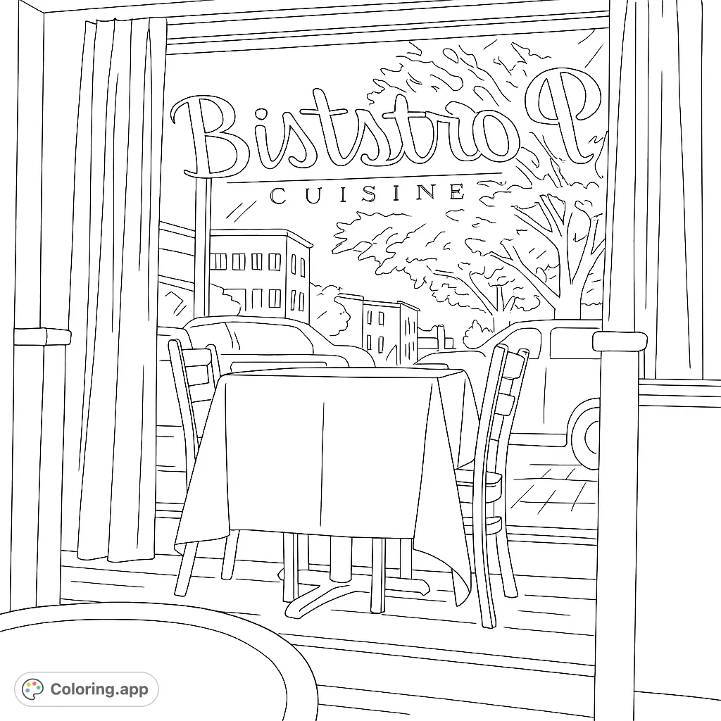 Color a charming restaurant interior scene looking out a window to a bustling street, featuring a draped table and urban elements.