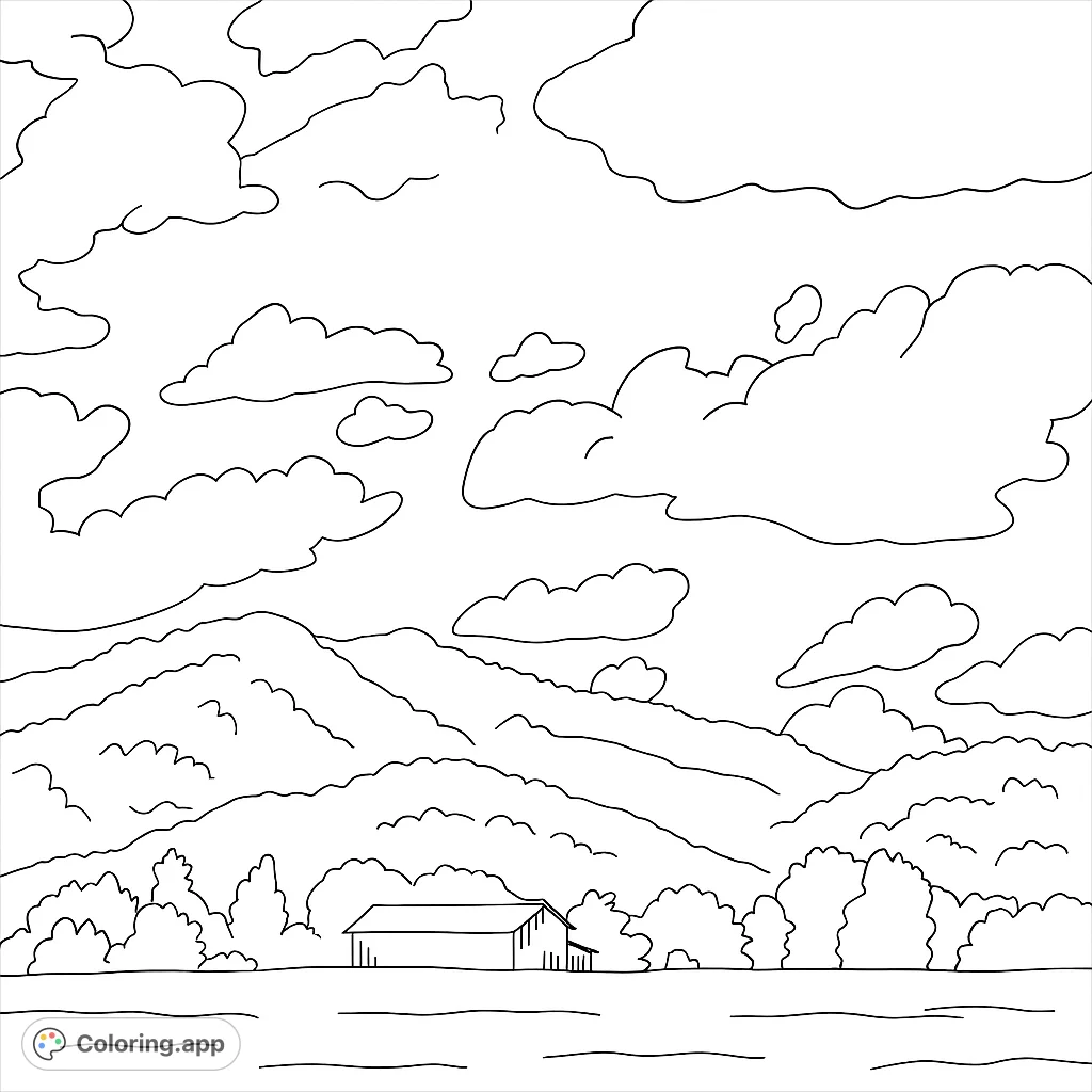 Color a tranquil rural scene featuring a rustic barn nestled against majestic, tree-covered mountains under a sky filled with fluffy clouds. Perfect for nature lovers!