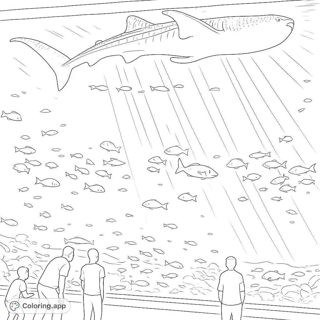 Explore a grand aquarium scene featuring a magnificent whale shark gliding among schooling fish, observed by human silhouettes. A captivating marine adventure.