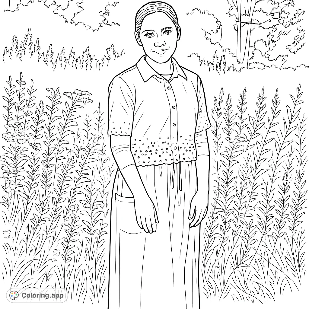 A captivating nature portrait featuring a young person in patterned attire amidst a detailed field of plants and distant trees, perfect for creative expression.