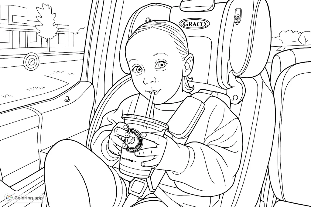 A charming child enjoys a drive-thru drink in a car seat, featuring a detailed car interior and a view of a roadside establishment. A delightful scene for young colorists.