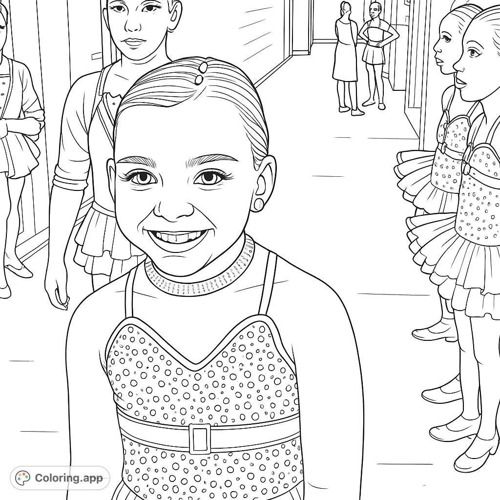 A delightful close-up of a young dancer, beaming with a gap-toothed smile, adorned in a sequined costume and sparkling jewelry, ready for her performance.