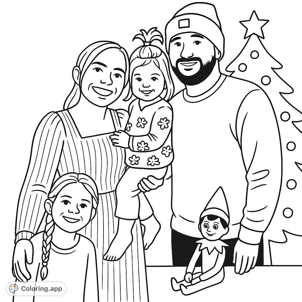 A heartwarming Christmas family coloring page featuring two adults, two smiling children, a festive tree, and a playful Elf on the Shelf. Perfect for holiday fun!