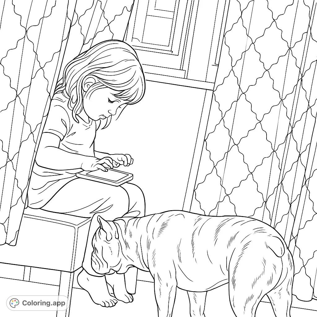 A heartwarming scene of a child focused on a device with a curious dog nearby, framed by patterned curtains. Perfect for a cozy, interactive coloring experience.