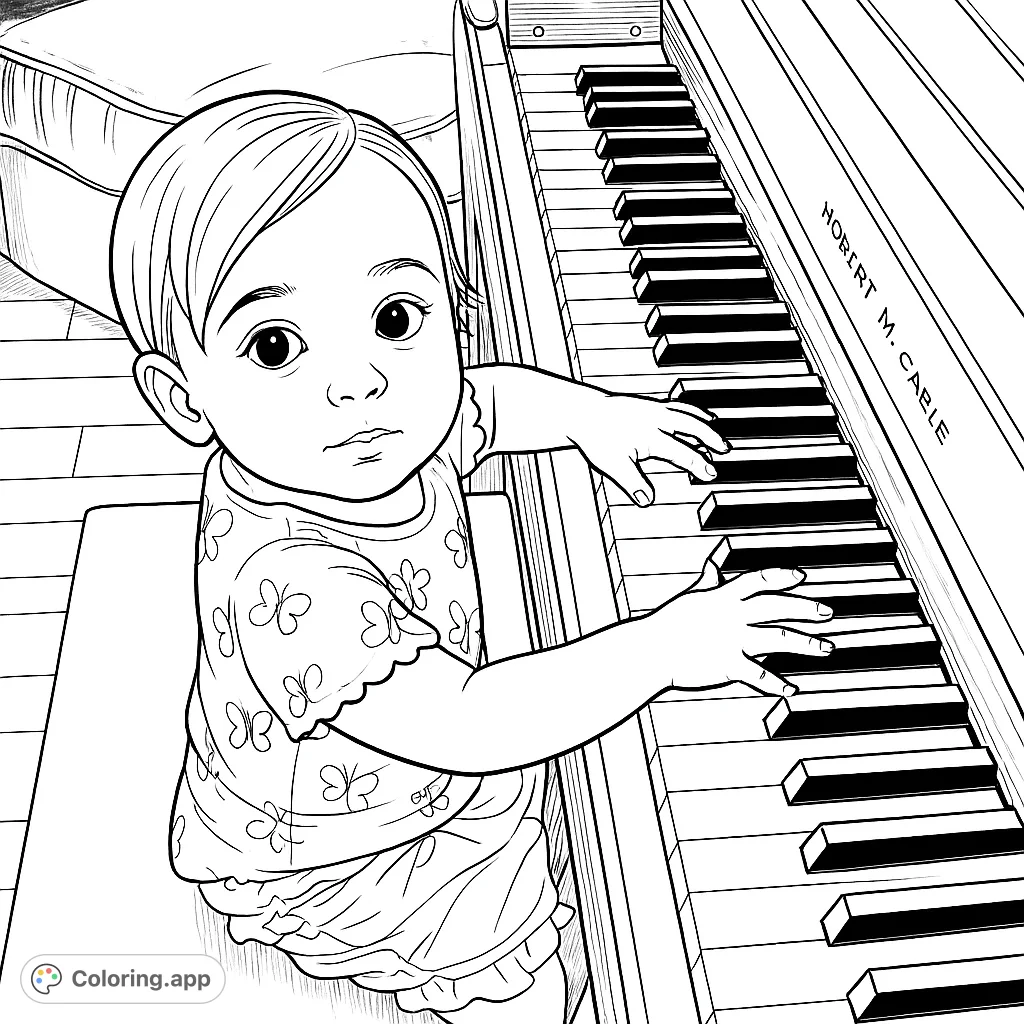 A sweet child explores a piano keyboard, hands gently touching the keys. A heartwarming scene inviting imaginative play and musical dreams for all ages.