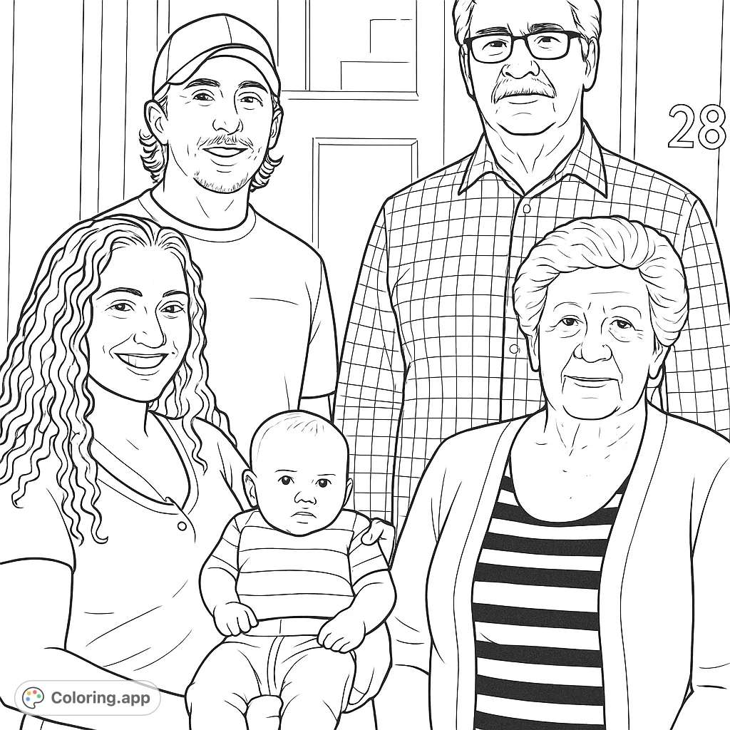 A heartwarming family portrait featuring a baby, young adults, and grandparents. Perfect for celebrating connections and adding personal touches to each generation.