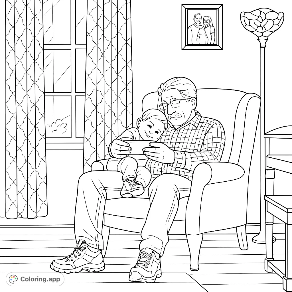 A heartwarming scene of a grandfather and grandchild sharing a cozy moment on an armchair, engrossed in a mobile device. Perfect for family-themed coloring.