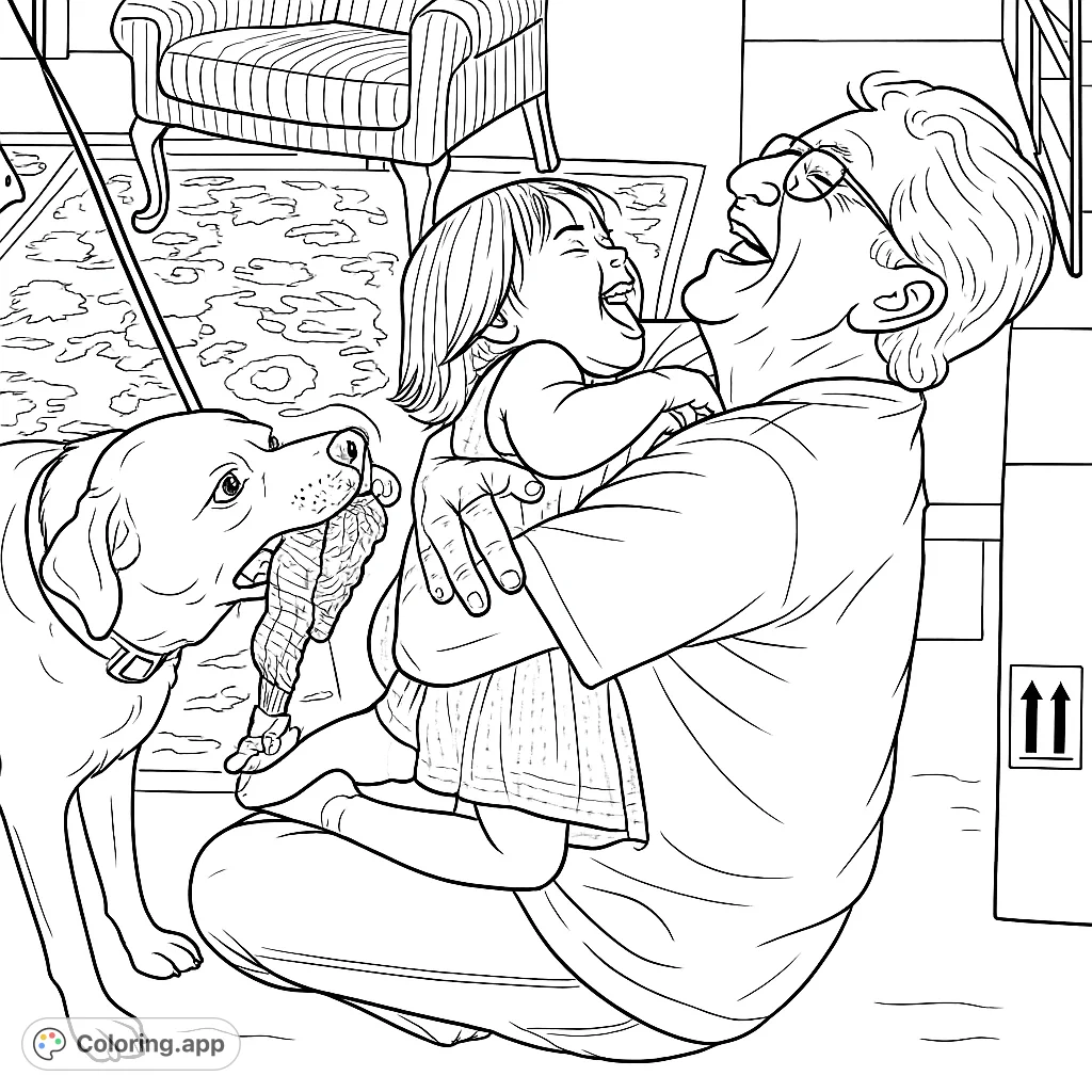 Capture a heartwarming moment with an adult, a laughing toddler, and a playful dog. A charming family scene with a pet, perfect for all ages.