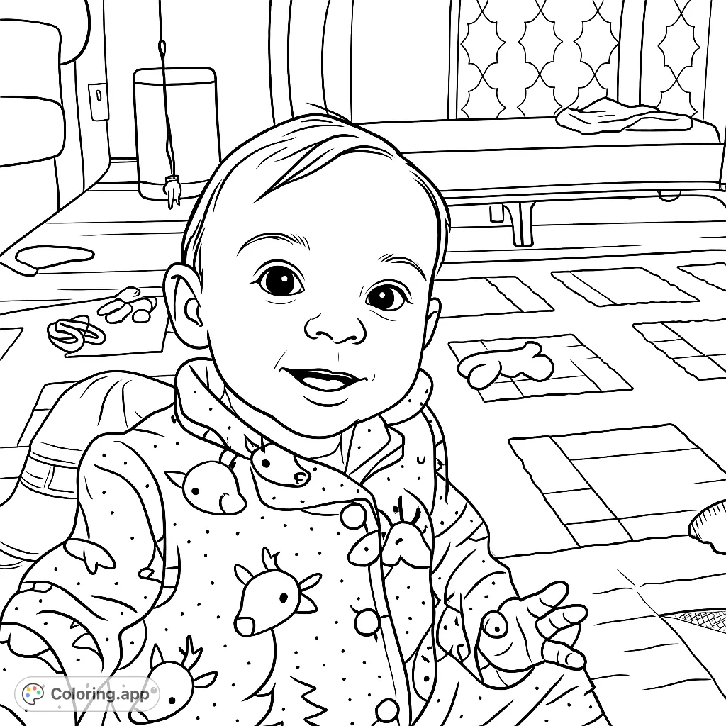 A heartwarming baby coloring page featuring a smiling toddler in patterned pajamas, surrounded by toys on a cozy quilt. Perfect for all ages.