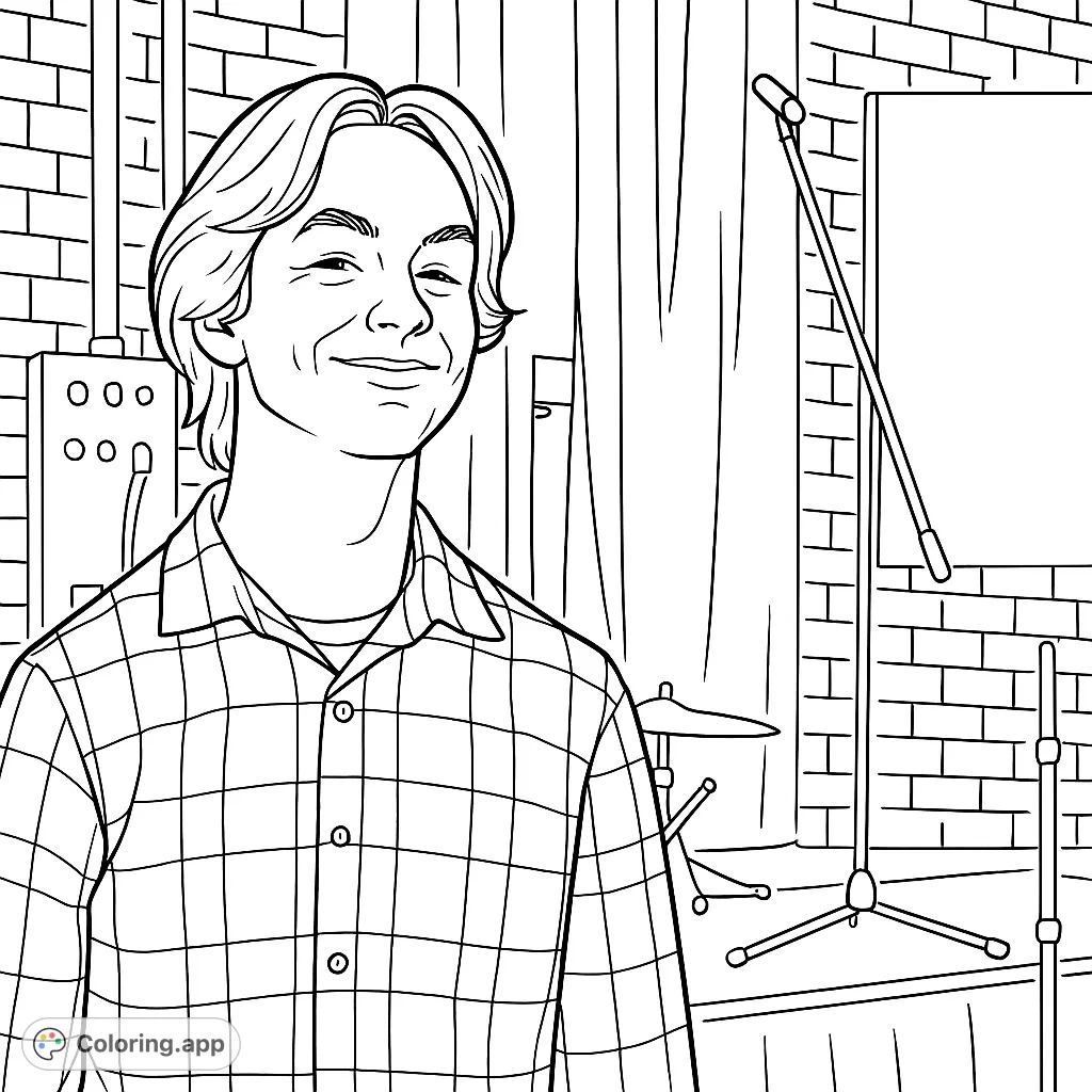 Capture the relaxed demeanor of a young person with a friendly smile, adorned in a detailed plaid shirt, set against an intriguing, shadowed backdrop.