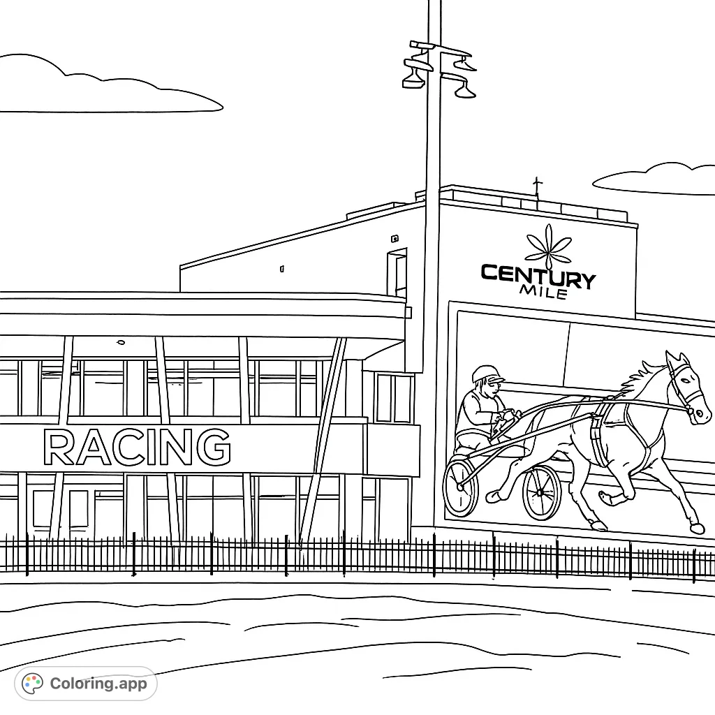 Capture the excitement of holiday horse racing with this unique coloring page featuring a festive driver, a powerful horse, and a snowy racetrack setting.