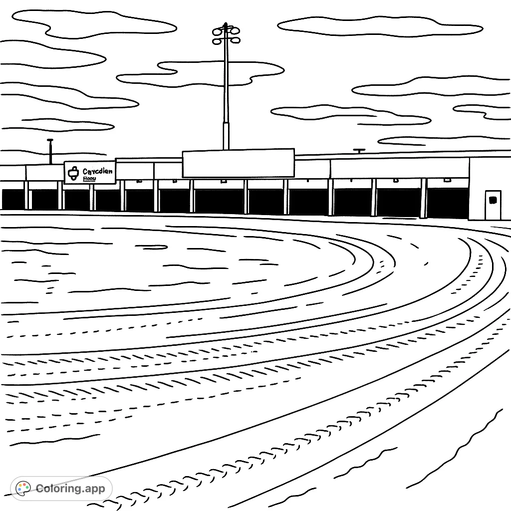 Explore a snowy racetrack scene with tire tracks, a long building featuring multiple stalls, and a towering light pole under an expansive sky.