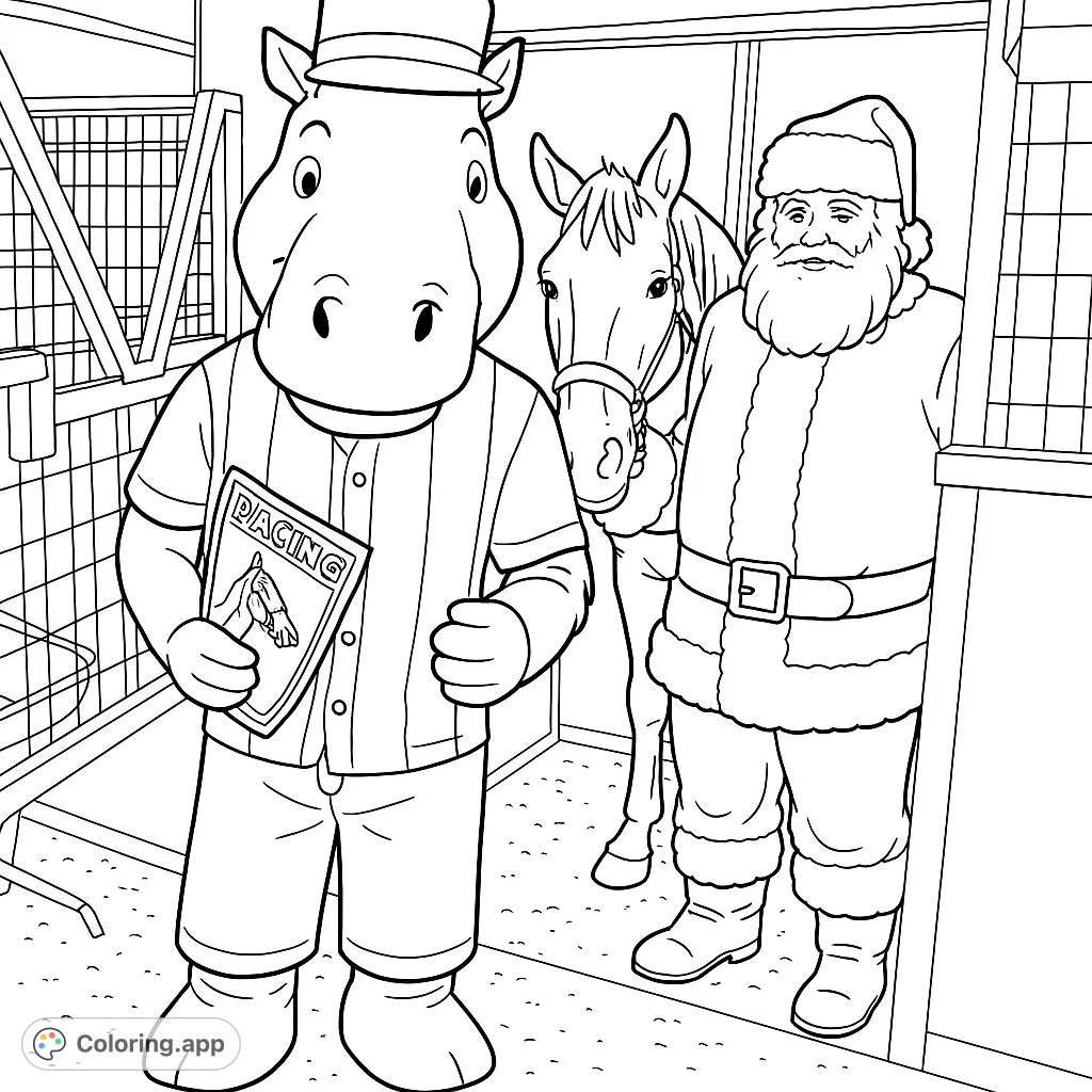 Join a horse mascot, a gentle horse, and Santa Claus for a festive stable scene. Perfect for a holiday coloring page adventure!