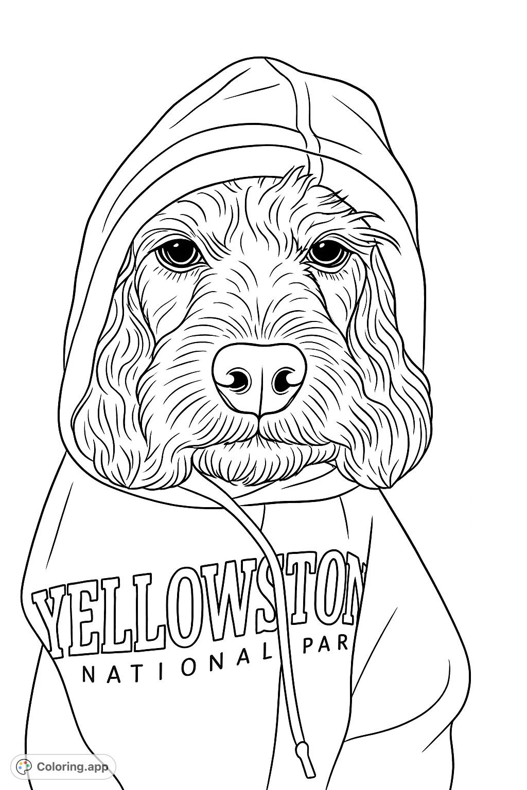 A charming dog peeks from a hooded sweatshirt, featuring a detailed 'Yellowstone National Park' design. A delightful pet-themed coloring page.