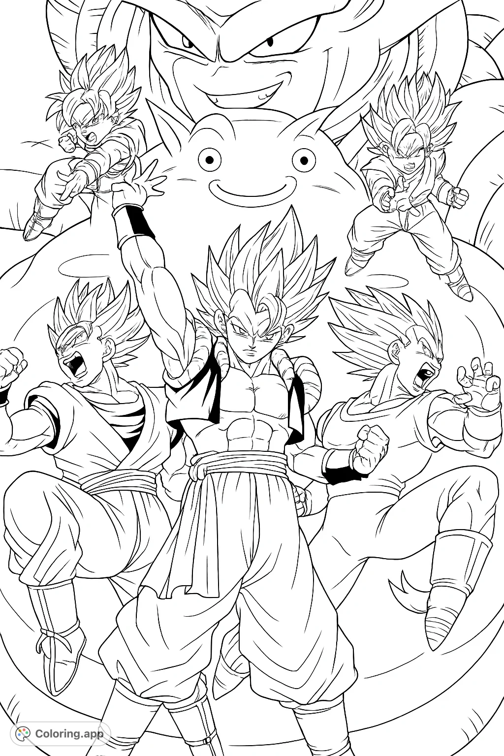 Unleash your creativity with this action-packed anime coloring page featuring powerful fused heroes and dynamic warriors against formidable foes.