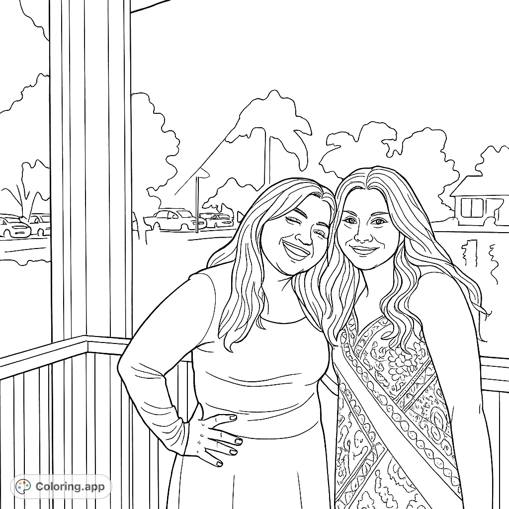 Capture the warmth of friendship with this engaging coloring page featuring two young women on a porch. Perfect for creative expression!