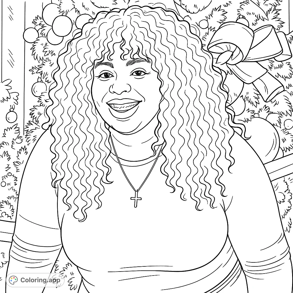 A cheerful individual with curly hair and a cross necklace smiles in front of a beautifully adorned evergreen tree, perfect for festive coloring.
