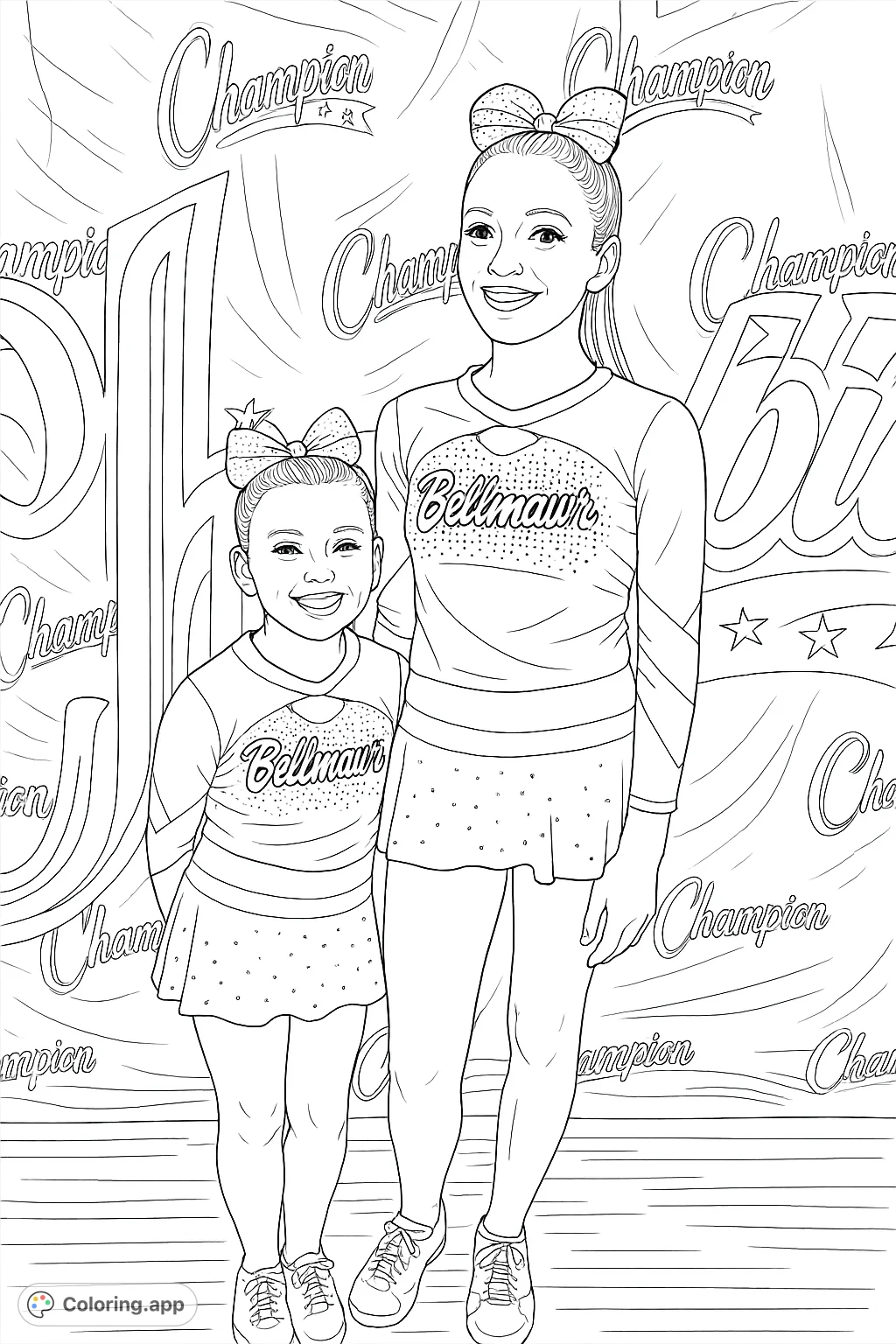 Color two cheerful cheerleaders in their dynamic uniforms, complete with patterned bows and spirited smiles, against a championship banner.